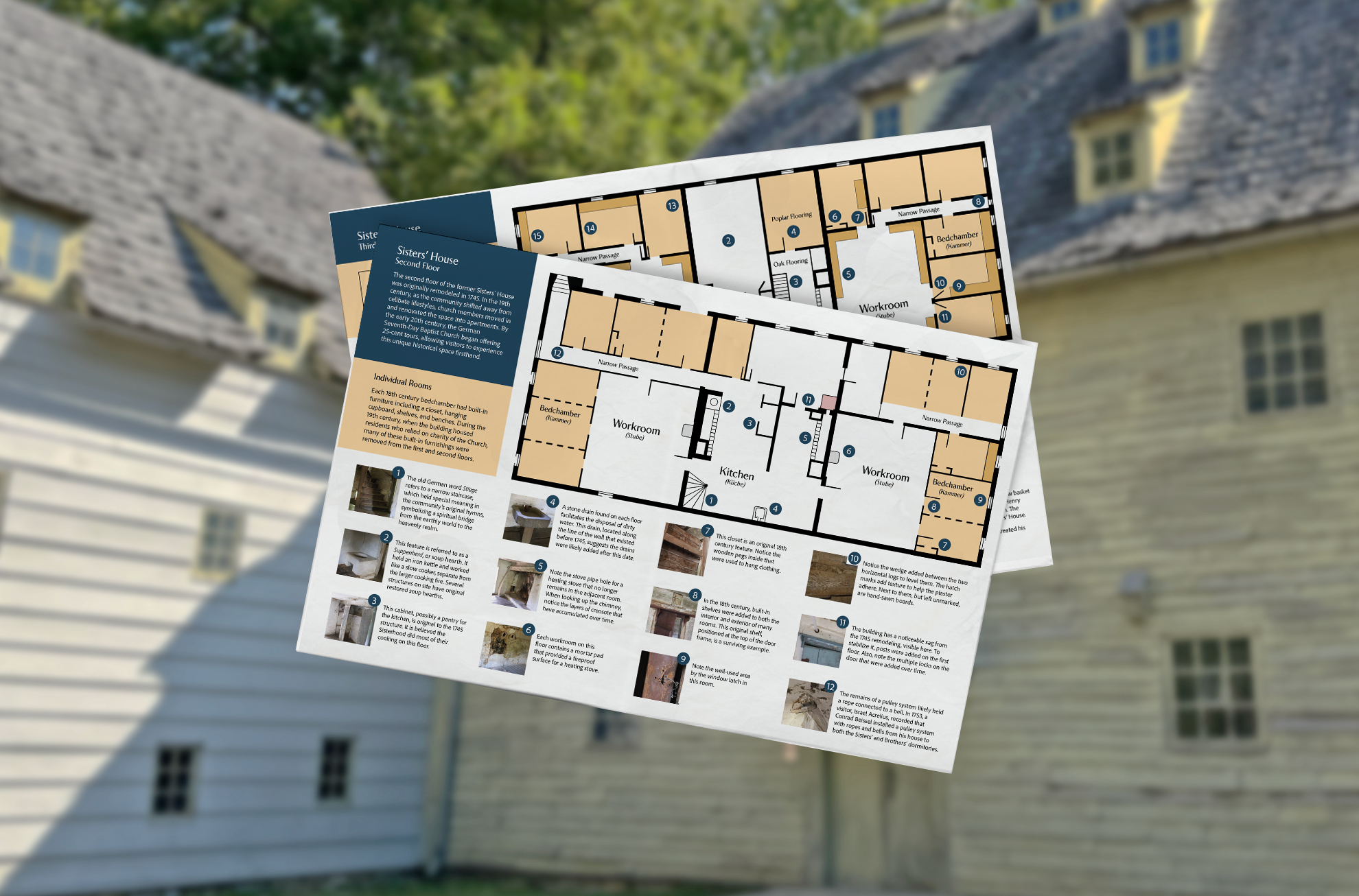 Flyer showing the second floor plan of Sisters' House with labeled rooms and historical information about the house.