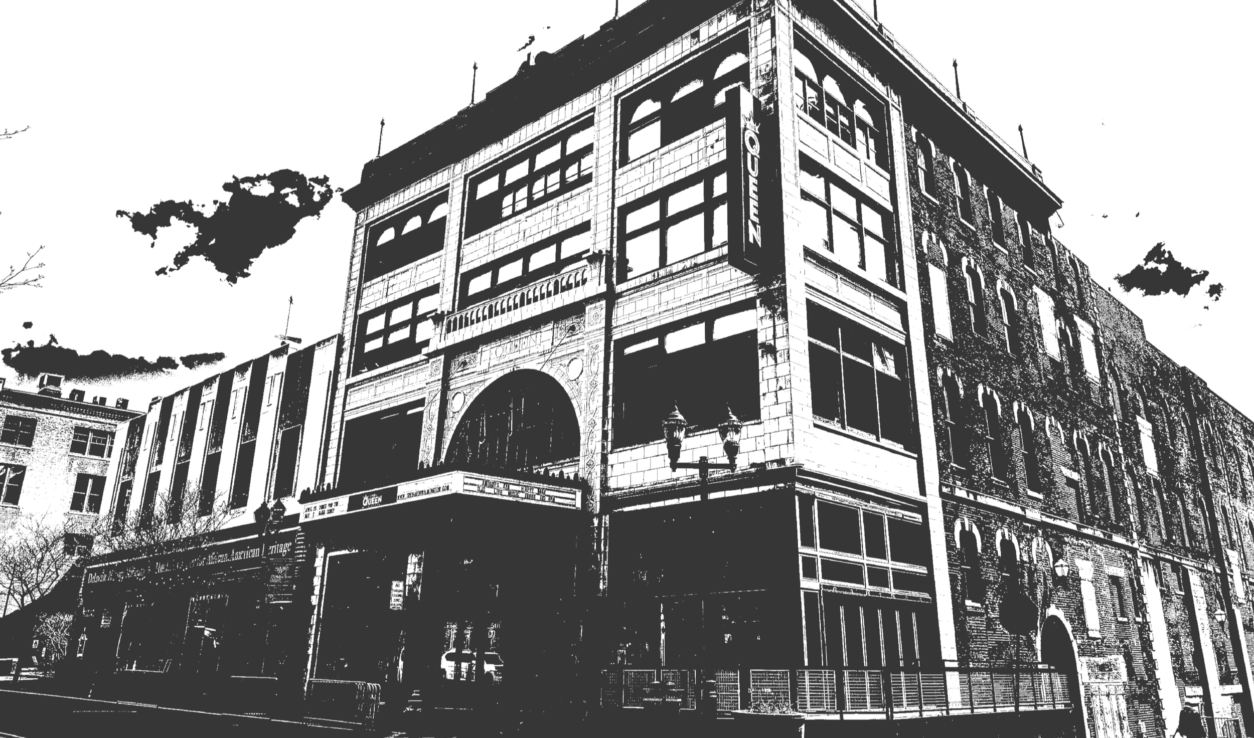 Black and white illustration of a large multi-story brick building with bars on the windows, an arched entryway, lit lanterns, signs on the building, and trees nearby against a cloudy sky.
