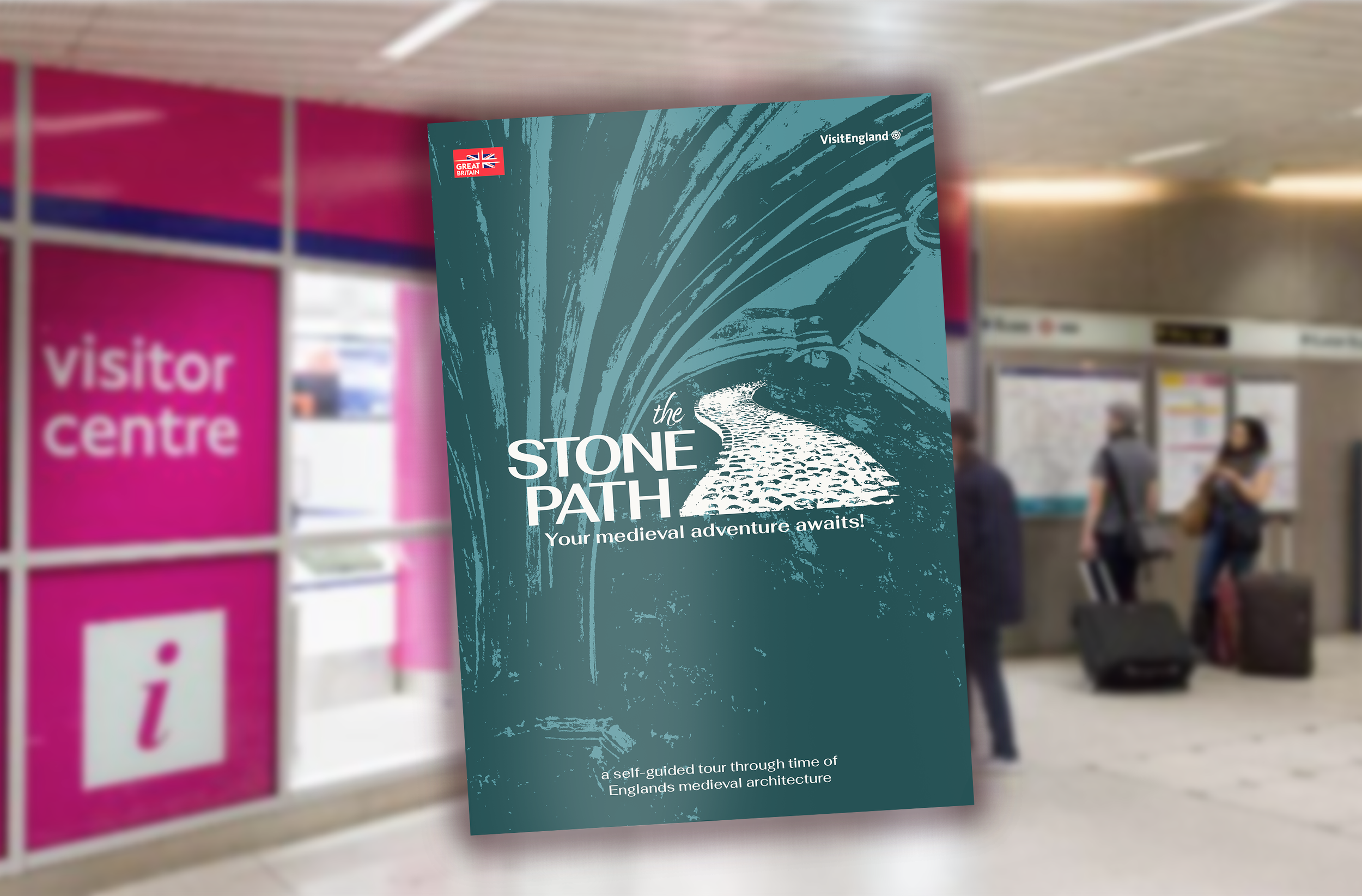 Brochure titled 'The Stone Path' with a graphic of a stone-paved road leading into a tunnel, promoting a self-guided tour of medieval architecture in England, displayed in a public transportation station near the visitor centre.