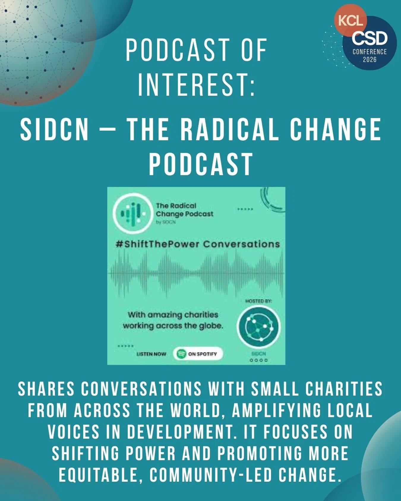 🎧Podcast Recommendation!

This week, our team has been tuning into The Small International Development Charities Network&rsquo;s podcast called &lsquo;SIDCN &ndash;The Radical Change&rsquo;. Their episodes feature conversations with small charities 