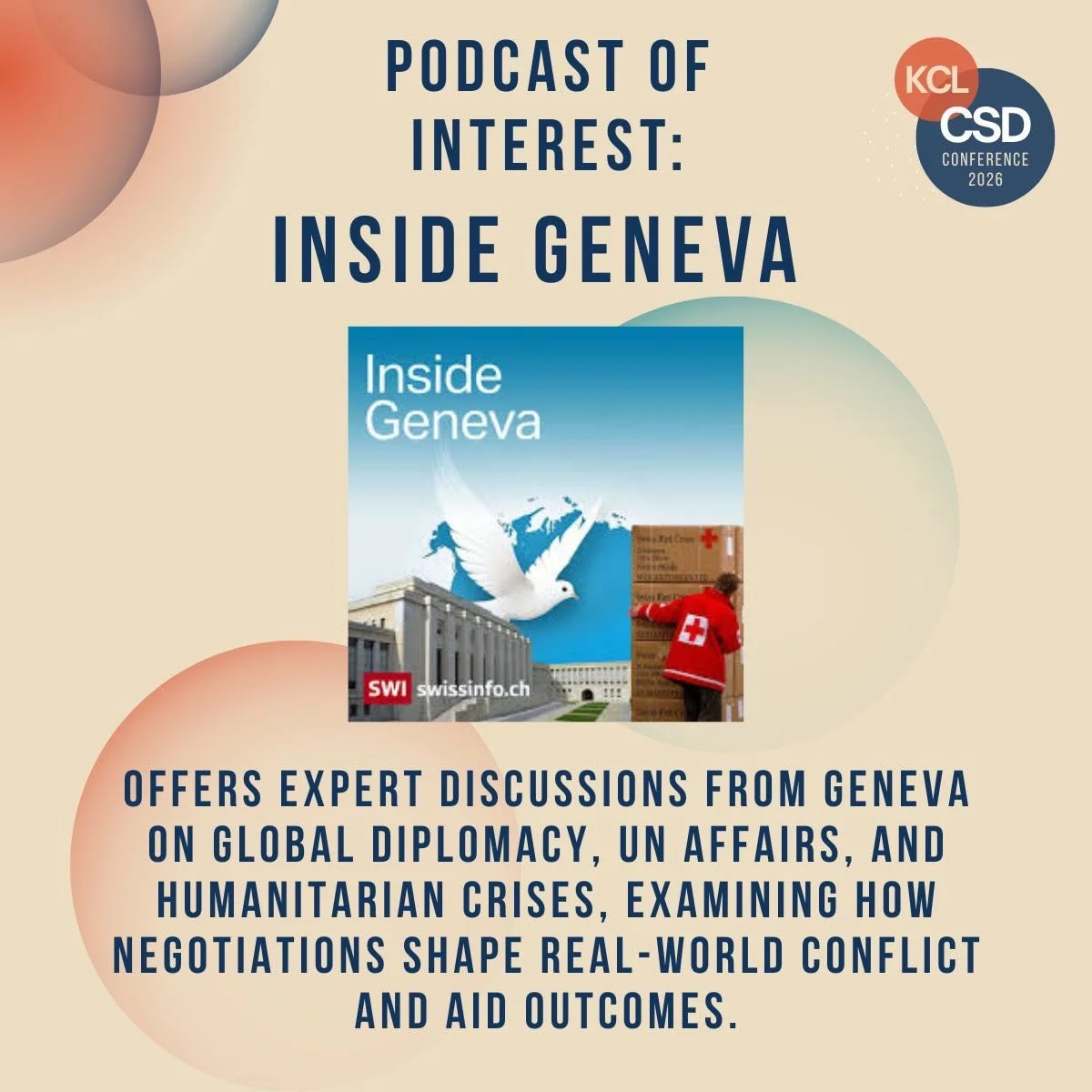 🎧Podcast Recommendation!

This week, our team has been listening to &lsquo;Inside Geneva&rsquo;, a podcast hosted by journalist Imogen Foulkes and produced by SWI.

&lsquo;Inside Geneva&rsquo; offers expert discussions from Geneva on global diplomac
