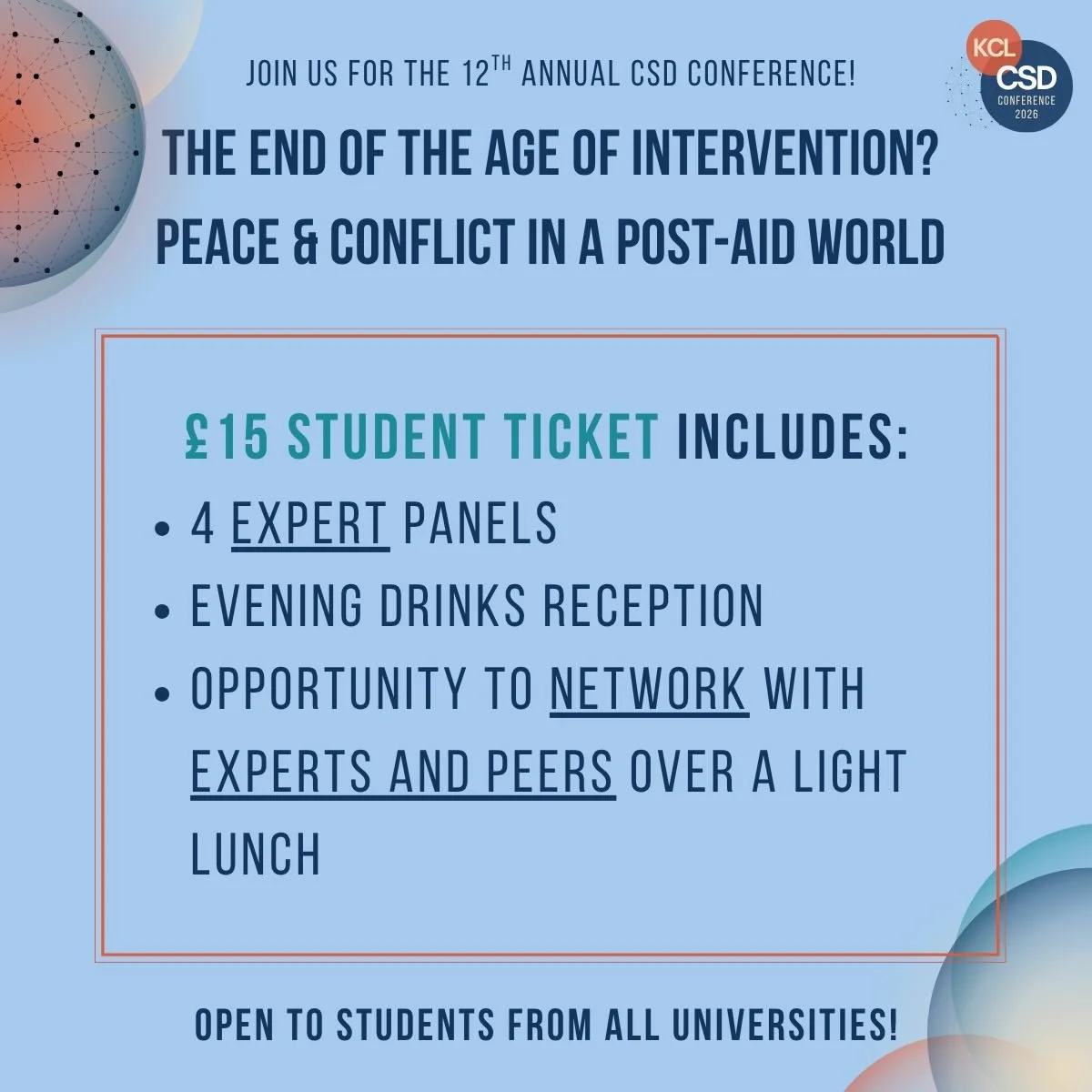 🚨 With just over two weeks to go, we are looking forward to welcoming everyone to the CSD Conference - &lsquo;The End of the Age of Intervention? Peace and Conflict in a Post-Aid World&rsquo; - on April 13-14th! 

Haven&rsquo;t got your ticket yet? 