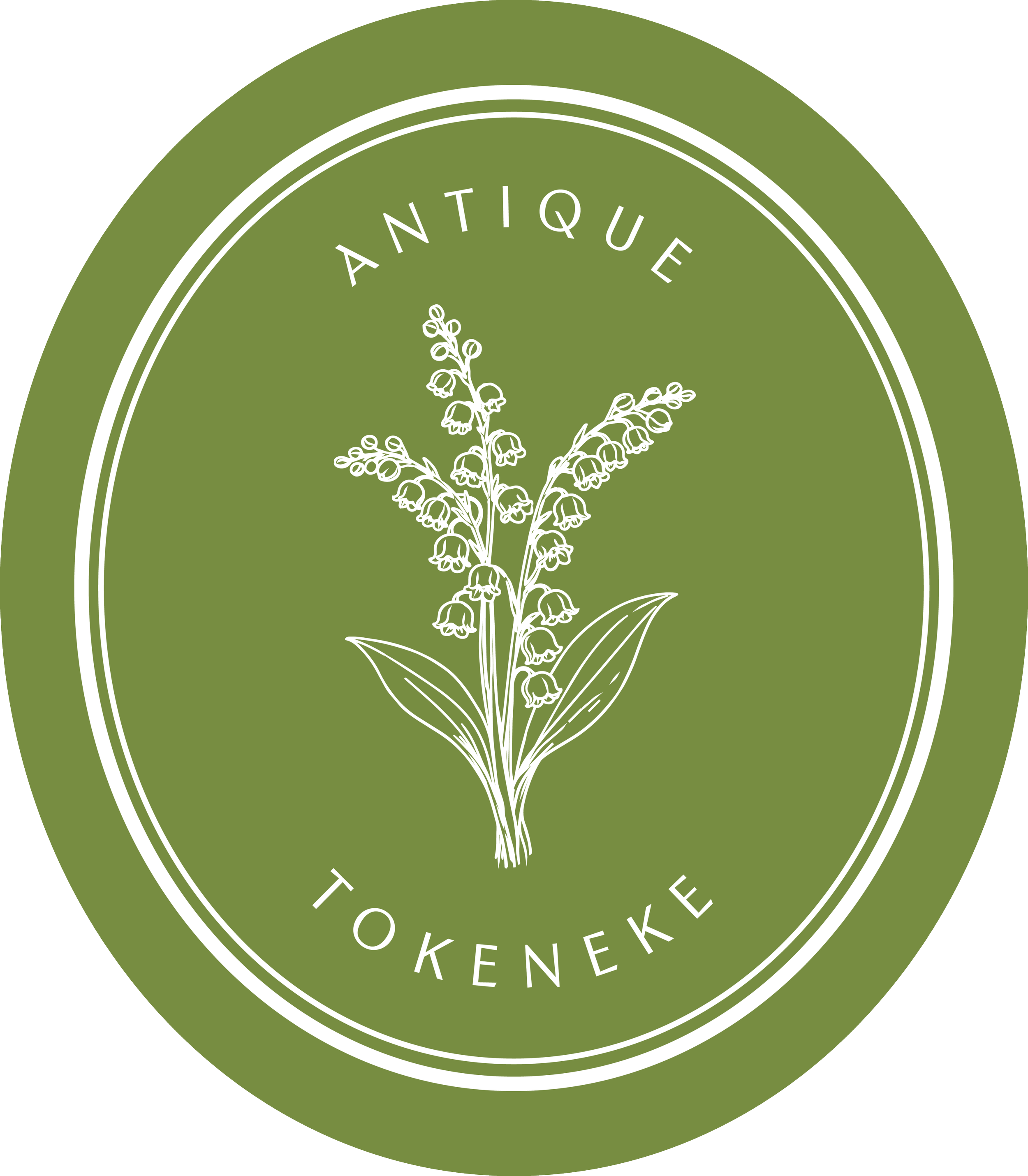 An olive green oval label with a white line drawing of a lily of the valley flower in the center. The text 'ANTIQUÉ' is curved above the flower, and 'TOKENÉKE' is curved below it.