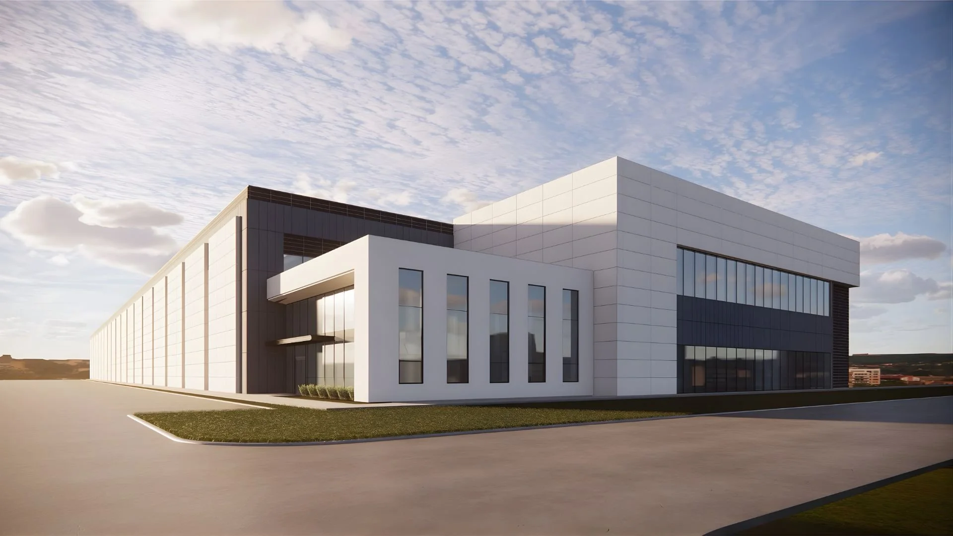 Modern office building with white and black exterior, large windows, and a small lawn in front, under a partly cloudy sky.
