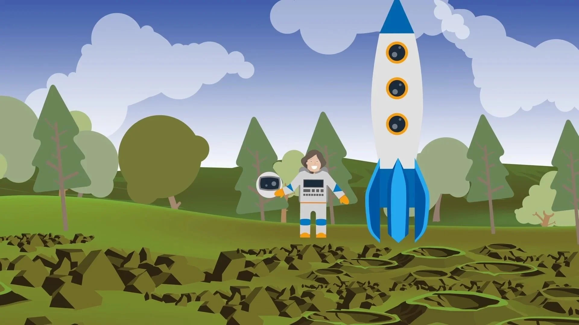 A cartoon astronaut holding a helmet standing next to a rocket on a grassy field with trees and clouds in the sky.