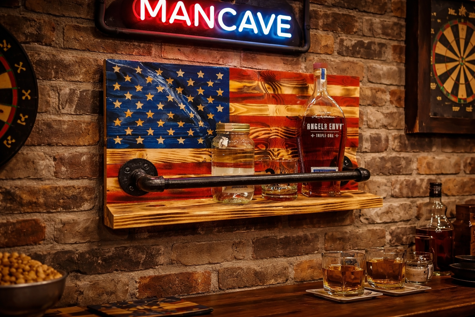 Flag whiskey shelf: torched pine American flag with carved stars, black iron pipe rail and a solid shelf. Built to hang.
