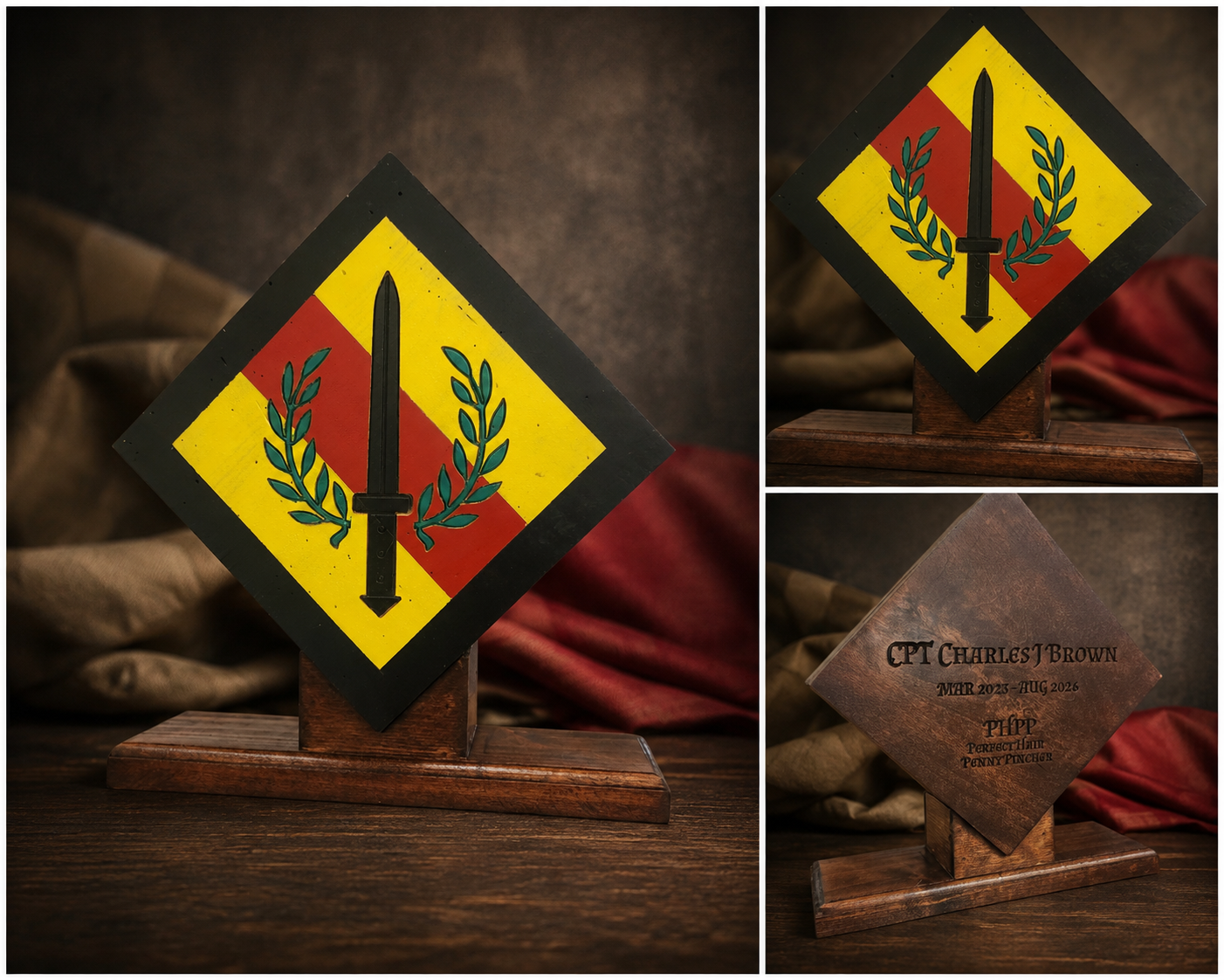 Unit patch plaque: hand-painted insignia on a diamond panel with a stained hardwood stand, personalized on the back.