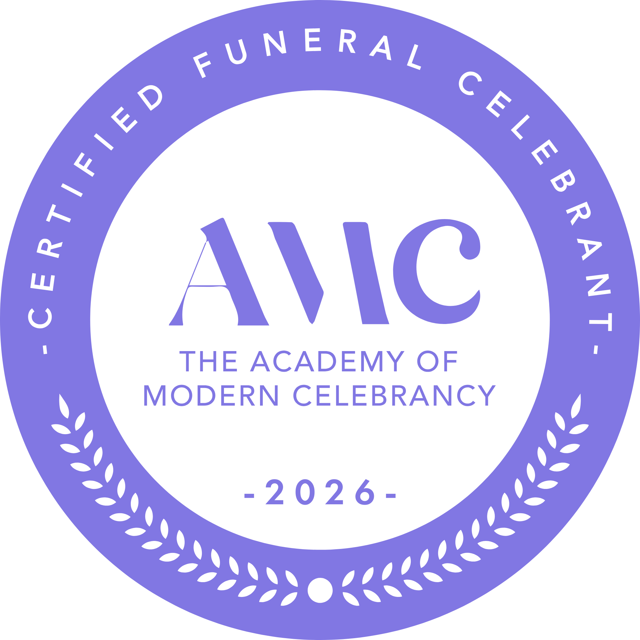 A circular emblem with a purple border containing the text 'THE ACADEMY OF MODERN CERAMIC' and the date '2023.2.26' in purple, and a black center with the word 'AVIC' in purple.