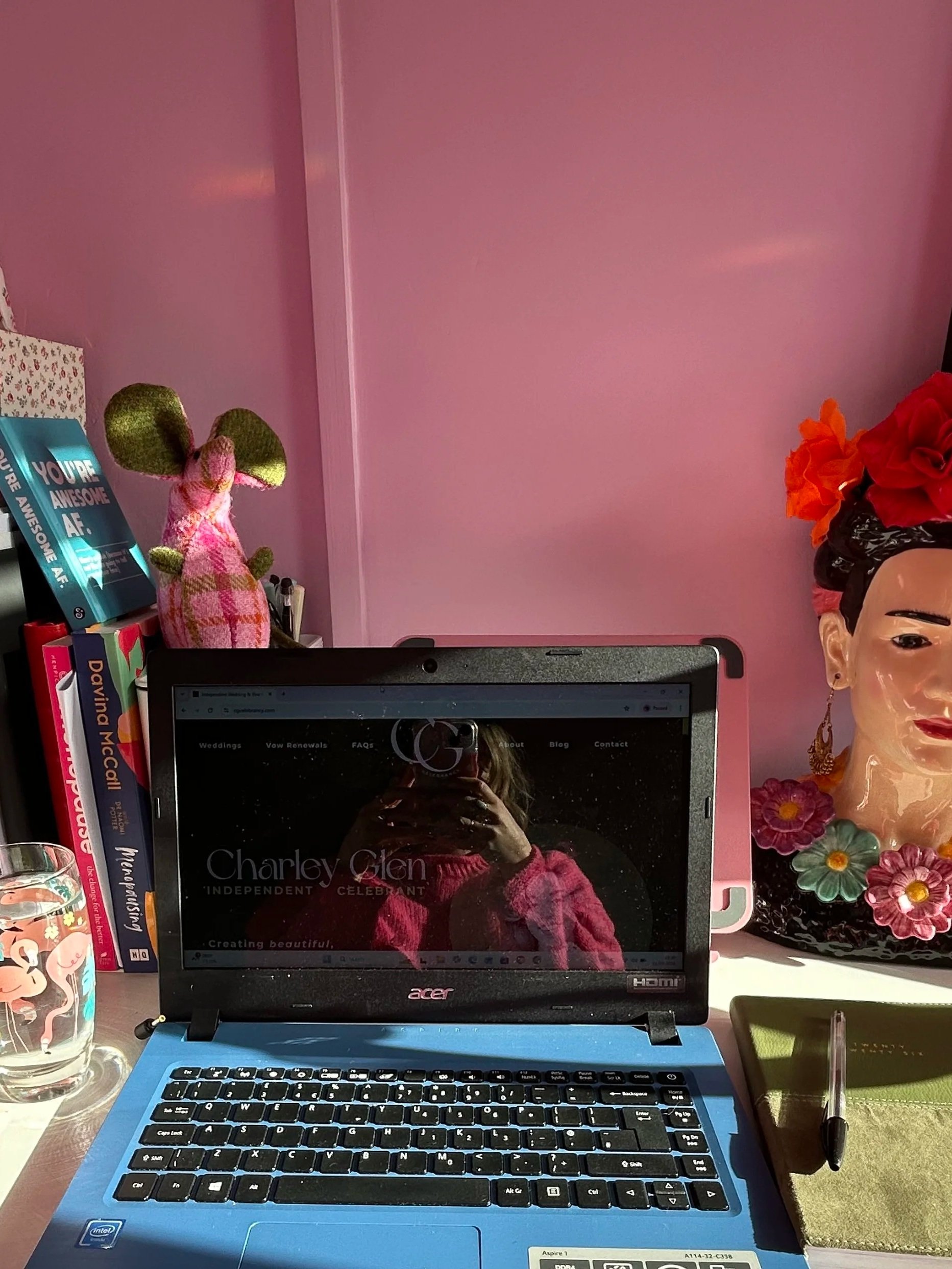 A workspace with a blue Acer laptop on a desk, a glass with a drink, a pen on a green notebook, a bookshelf with books, a pink plaid stuffed mouse, a colorful decorated bust of a woman with flowers and earrings, and a pink wall in the background.