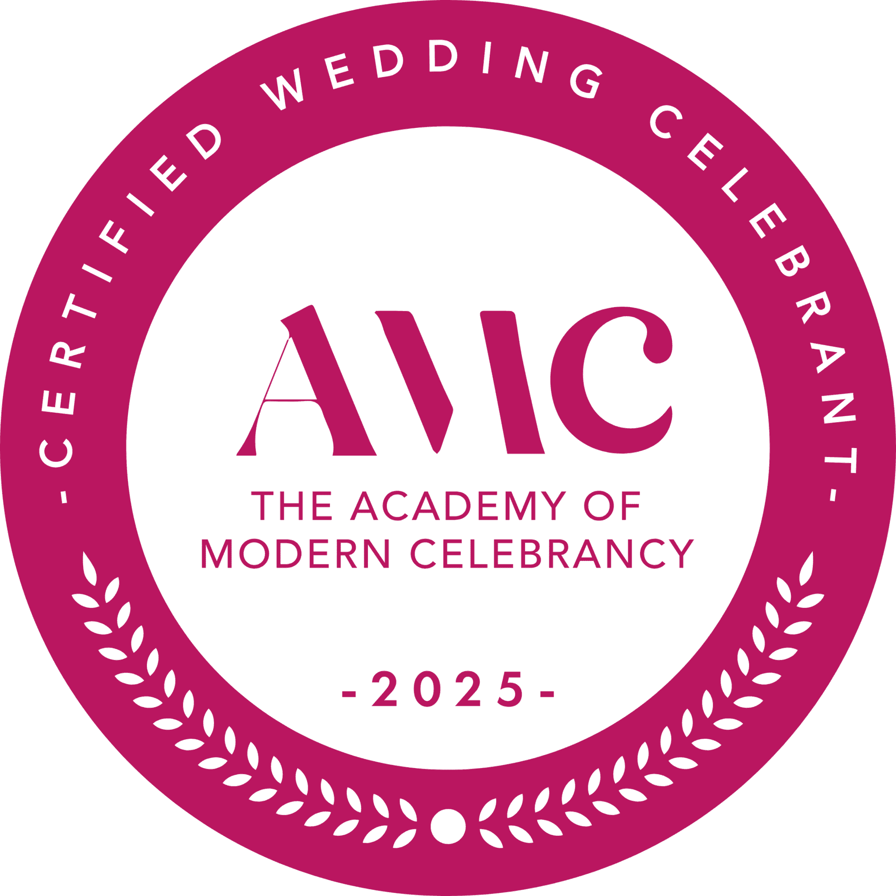 Logo for the Academy of Modern Celebrancy (AVIC), 2025, featuring a black circle with pink border and text, and laurel branch design.