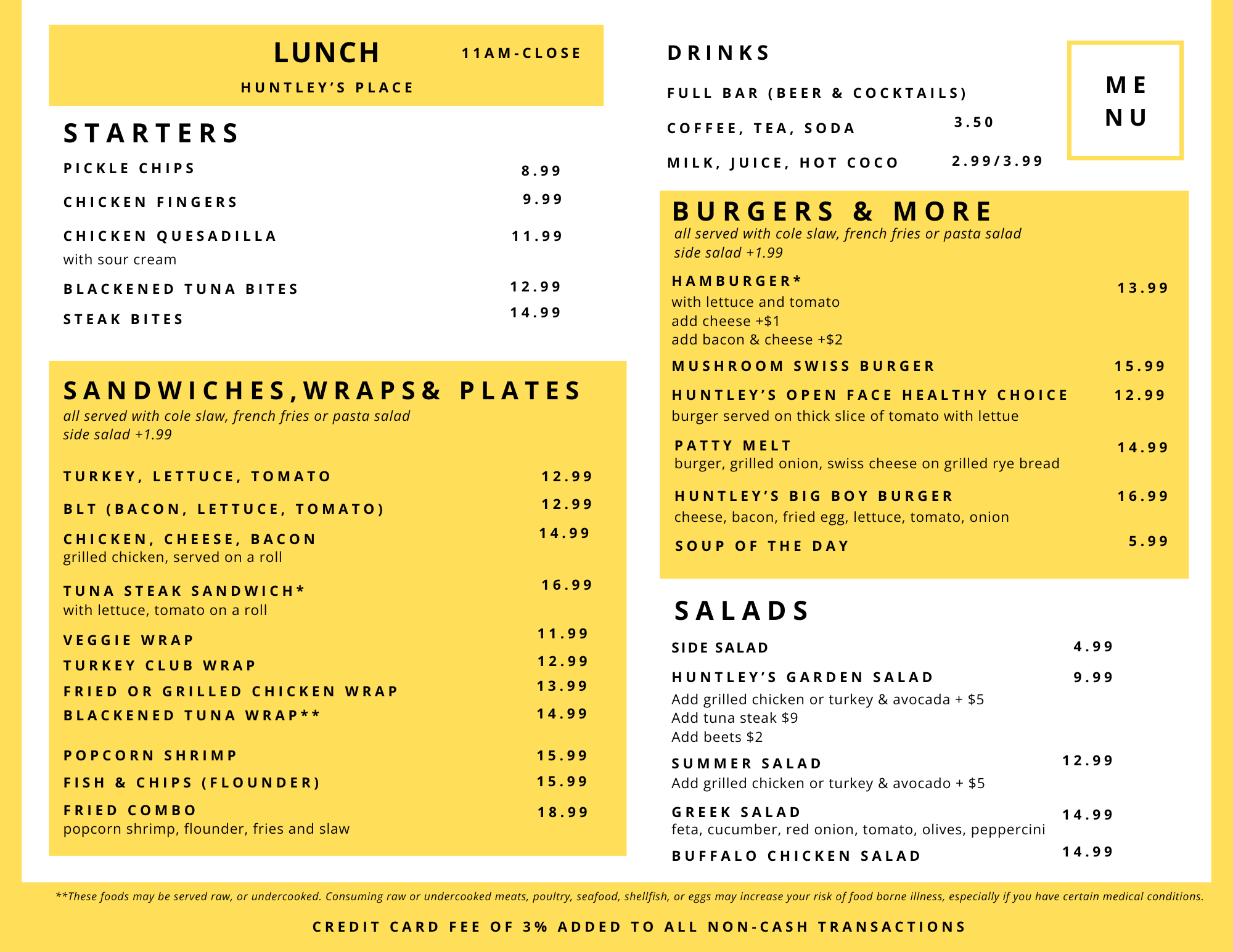 Lunch menu featuring starters, sandwiches, salads, drinks, and burgers at Huntley's Place, with yellow and white background and black text.