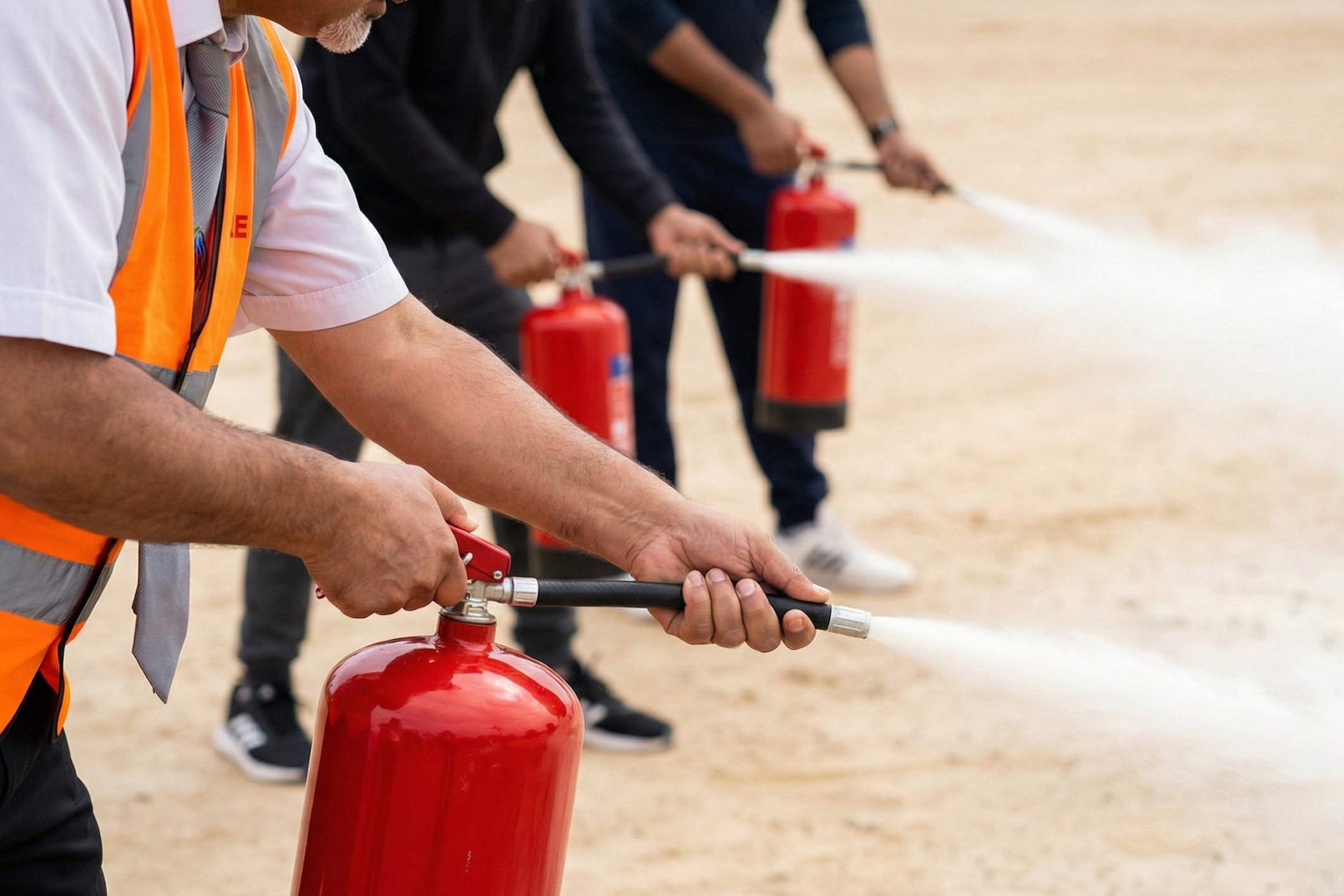 A group of people practicing fire safety by holding fire extinguishers and spraying foam on the ground.