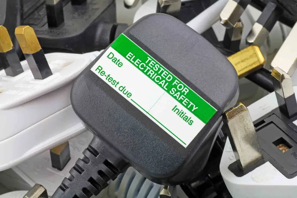 Electrical plug labeled for electrical safety testing with spaces for date, re-test due date, and initials, surrounded by multiple power cords and plugs.