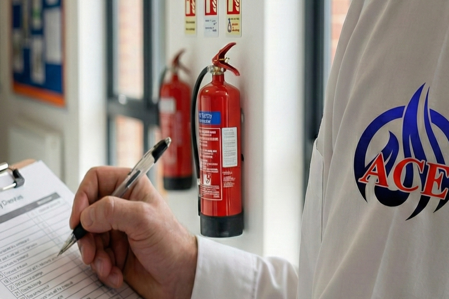 A person wearing a white coat with 'ACE' logo writing on a clipboard with a pen, near fire extinguishers on a wall.
