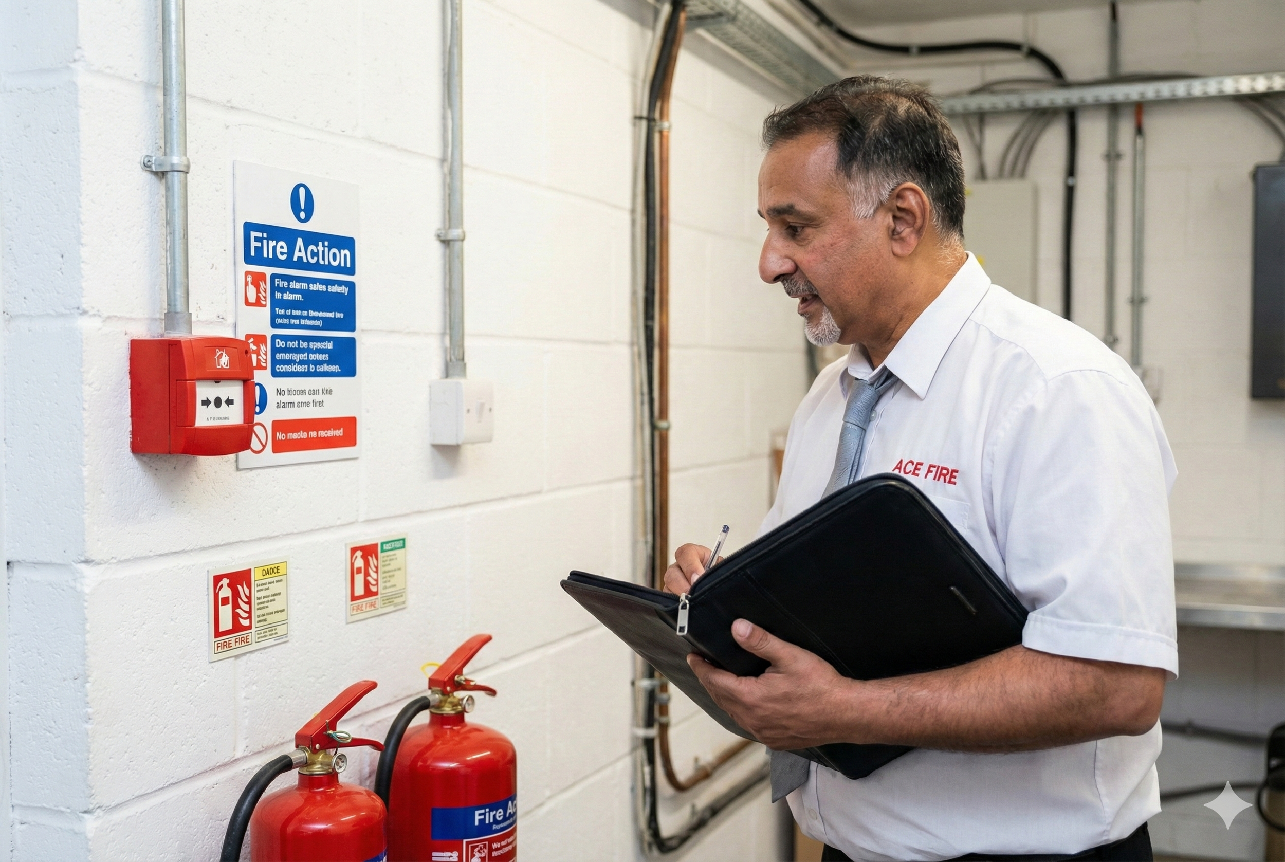 A man in a white shirt with red text reading 'ACE FIRE' is standing in front of a white wall with fire safety signs and equipment, holding a black folder and writing with a pen.