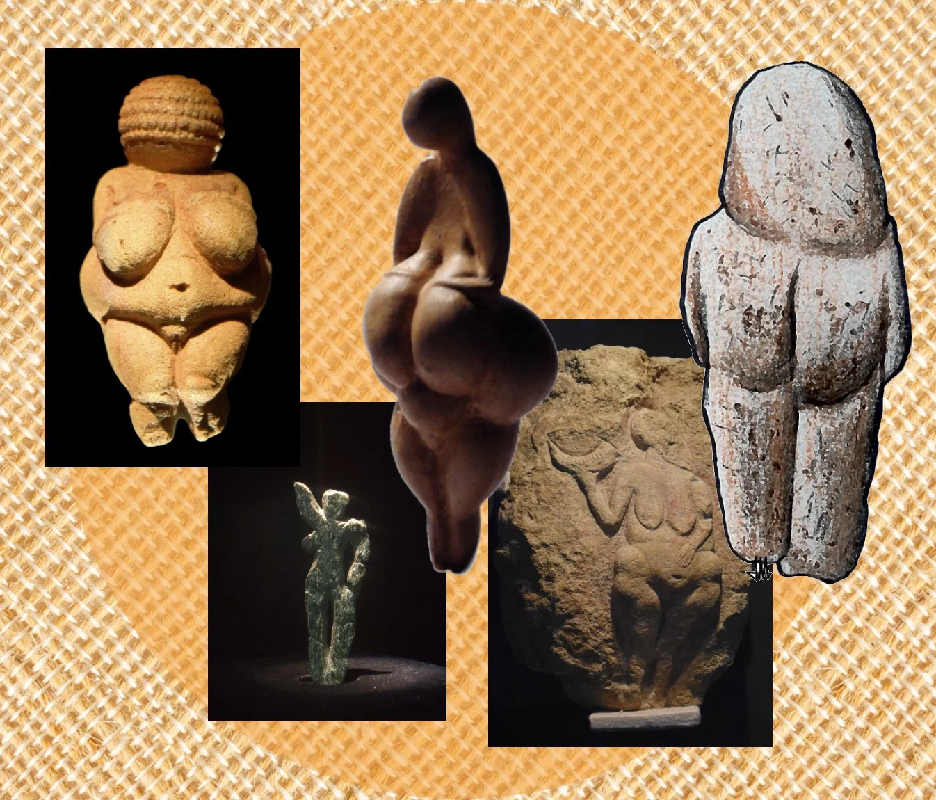 Collage of various ancient figurines and sculptures depicting human-like figures, some carved from stone, with a woven background.