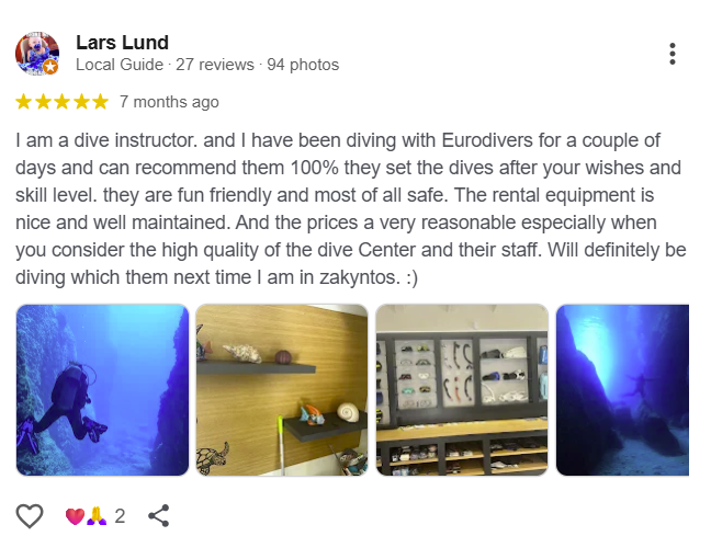 Screenshots of a Google review with four photos related to diving with Eurodivers Zante