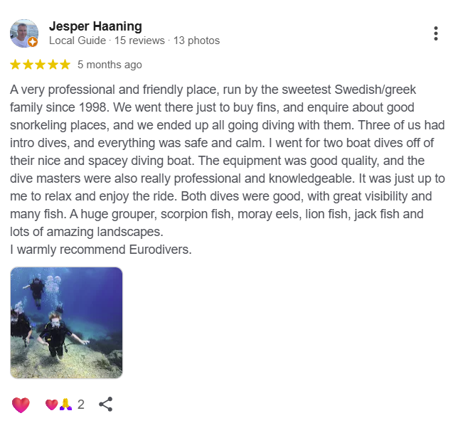 Screenshots of a Google review Diver in black wetsuit underwater among fish, coral, and rocks.