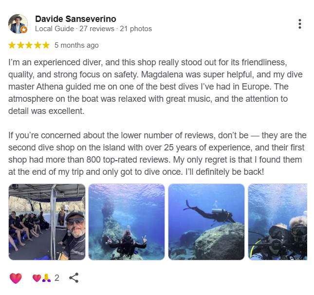 Screenshot of a Google Review and a link for Eurodivers Zante