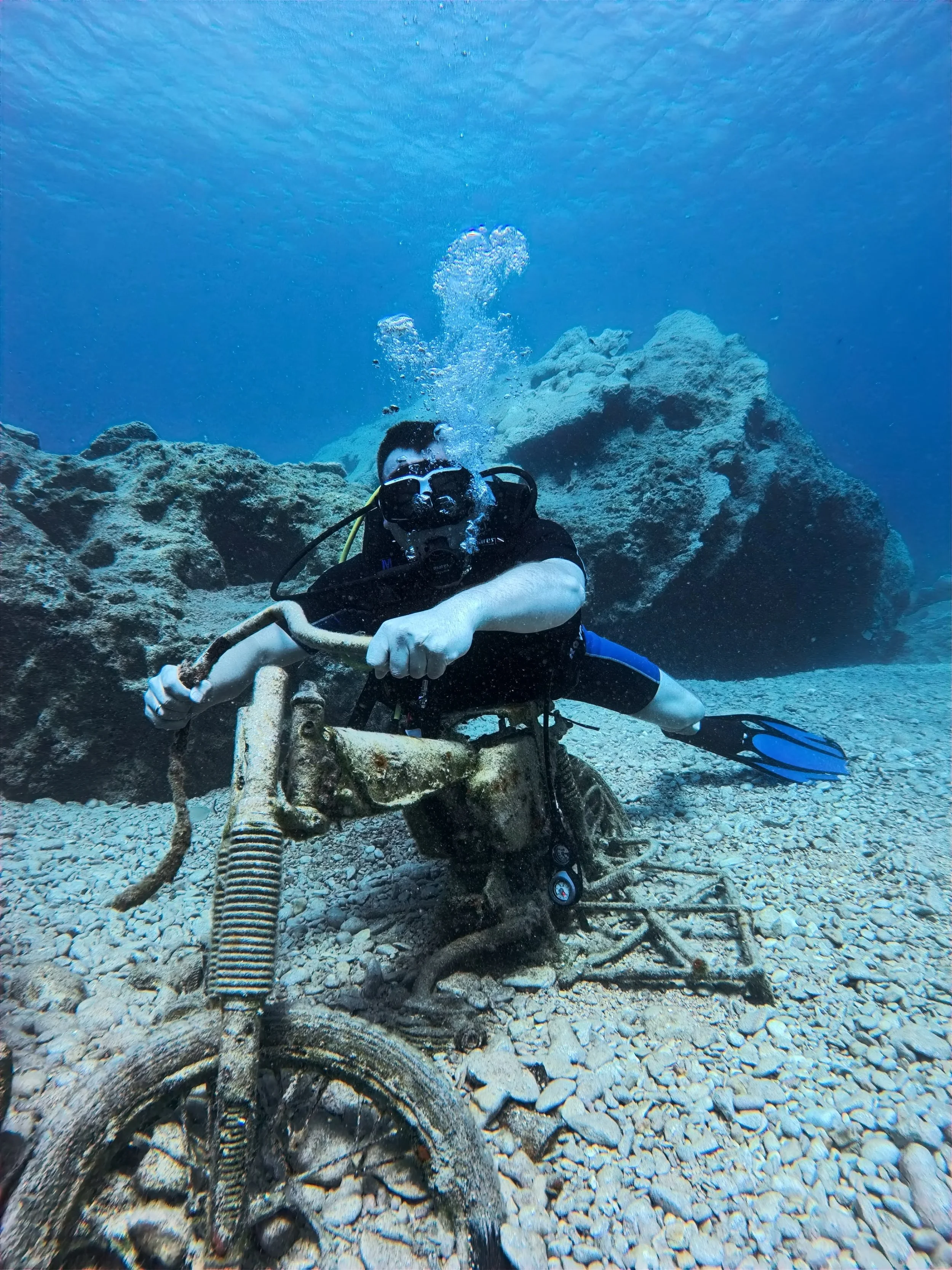 Scuba diving in Zakynthos with Eurodivers Zante at one of the fun dive sites with a motorbike wreck.