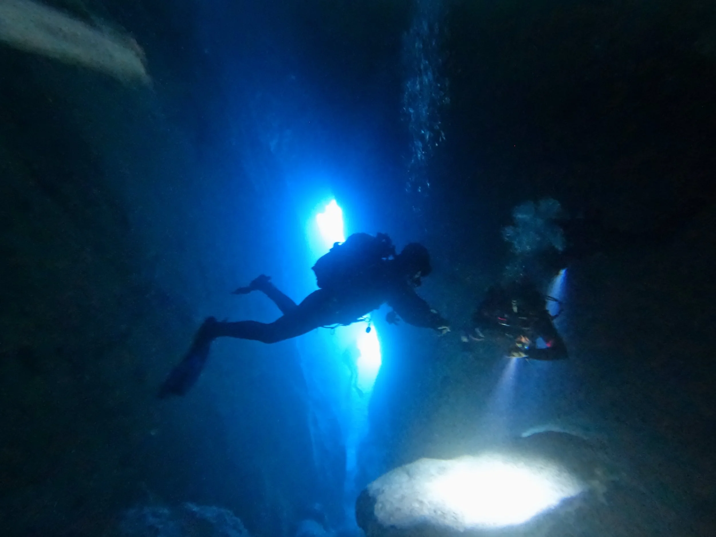 Exit from the Bat Cave, dive leaders guiding certified divers guesting Eurodivers Zante