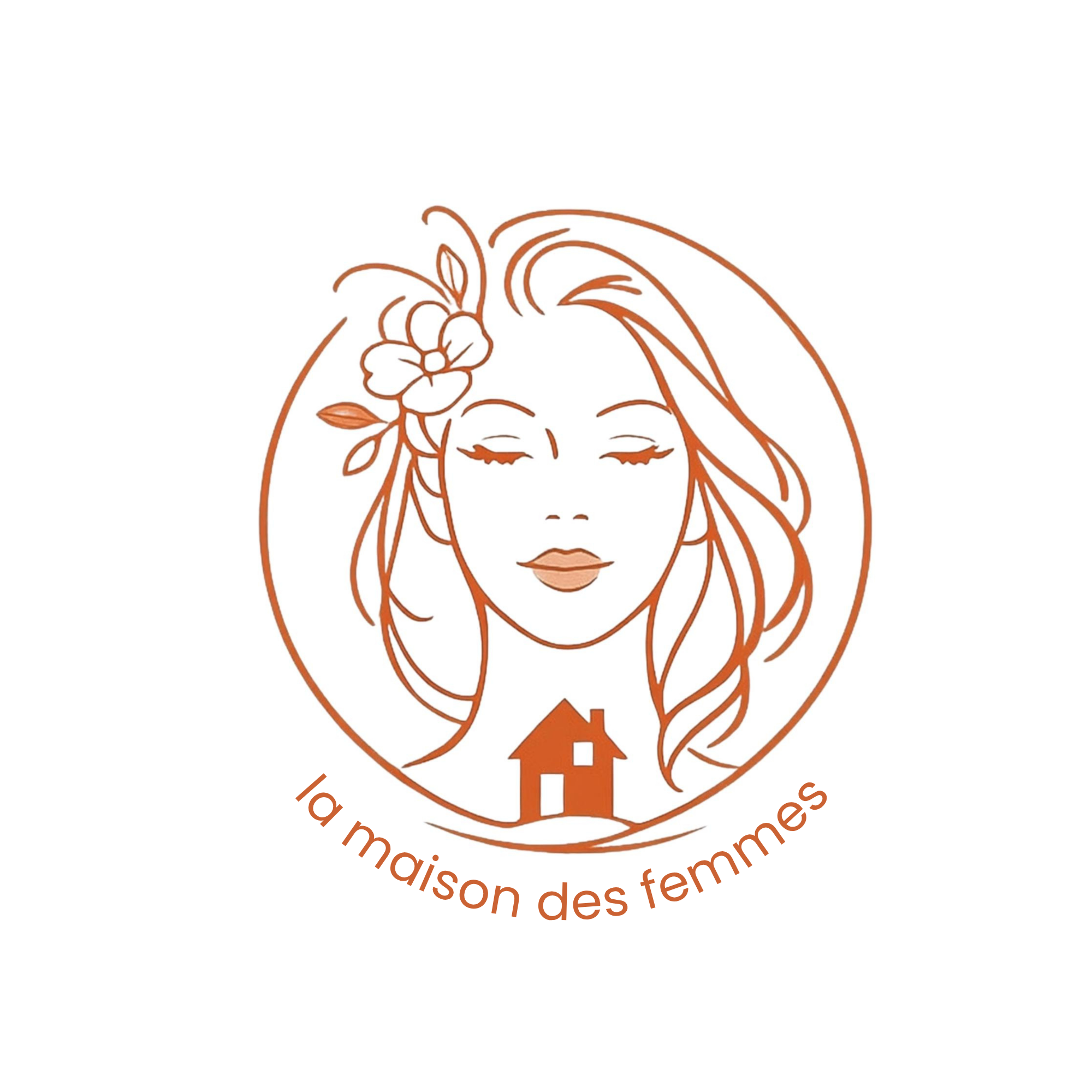 Illustration d'une femme avec des fleurs dans les cheveux, symbole de féminité, avec le texte 'La maison des femmes' en arc autour de l'image.