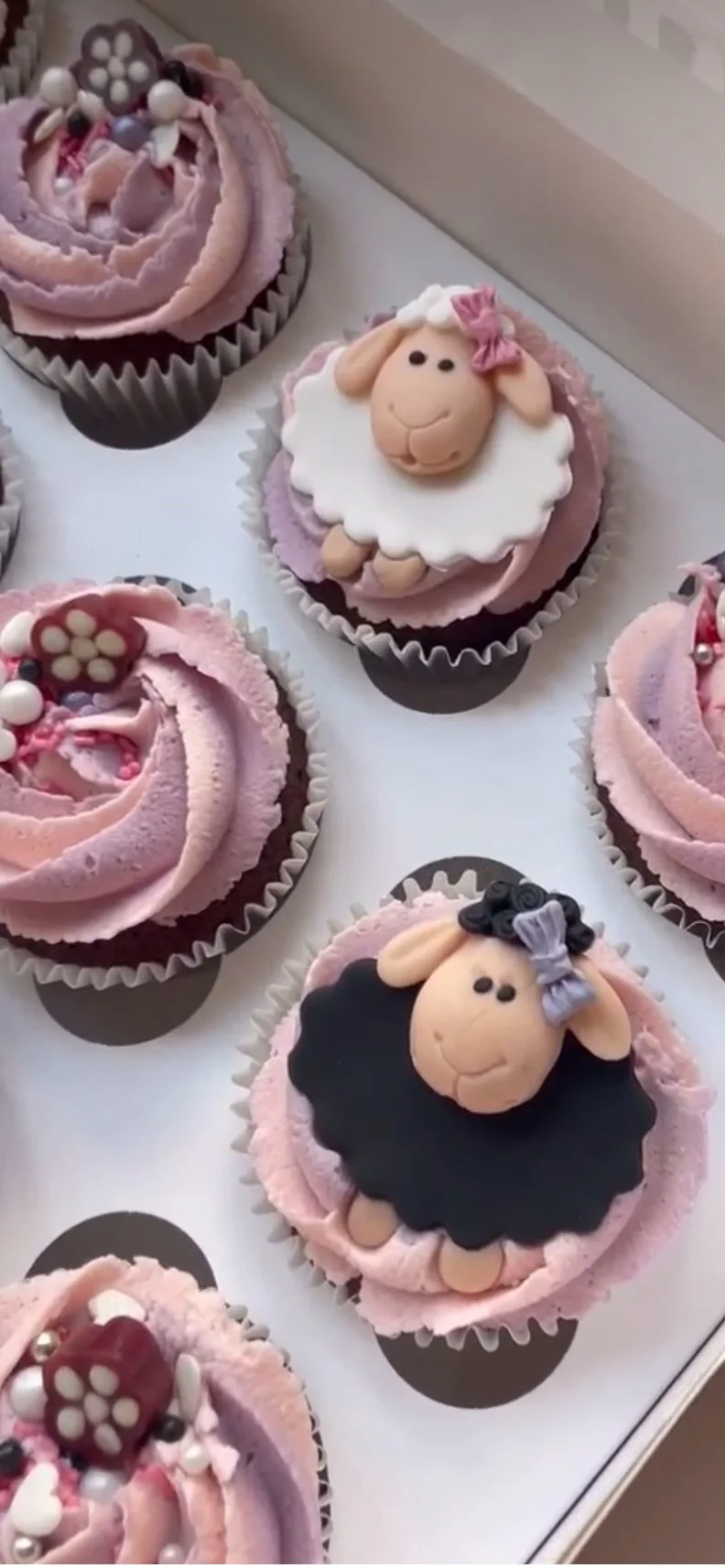 Cupcakes decorated with sheep and lamb faces, some with pink or black woolly hair, adorned with bows and sprinkles, on a white surface.