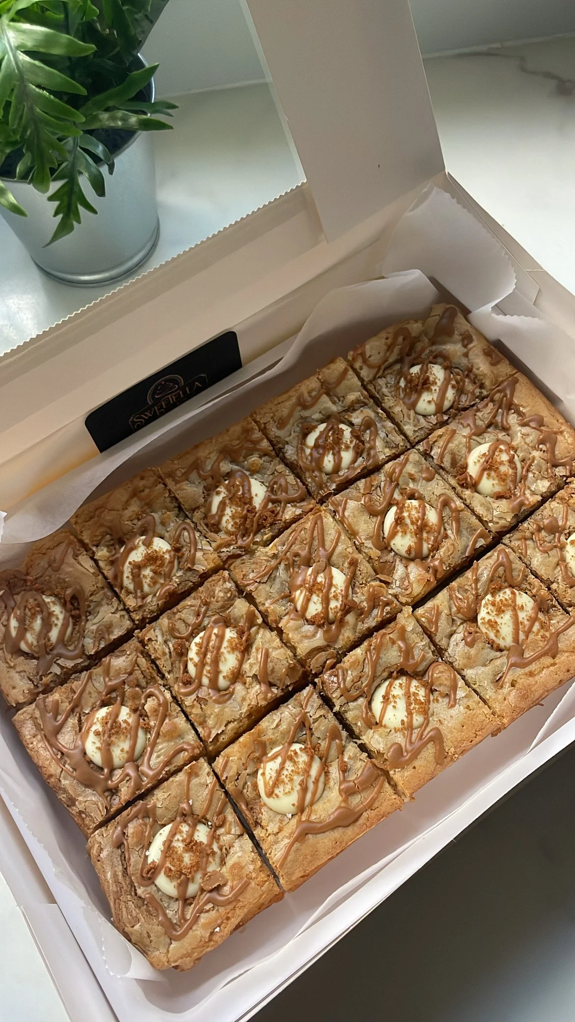 A box of sliced blondies topped with white chocolate, caramel drizzle, and a sprinkle of crushed cookies or nuts, served in a white box with a plant nearby.
