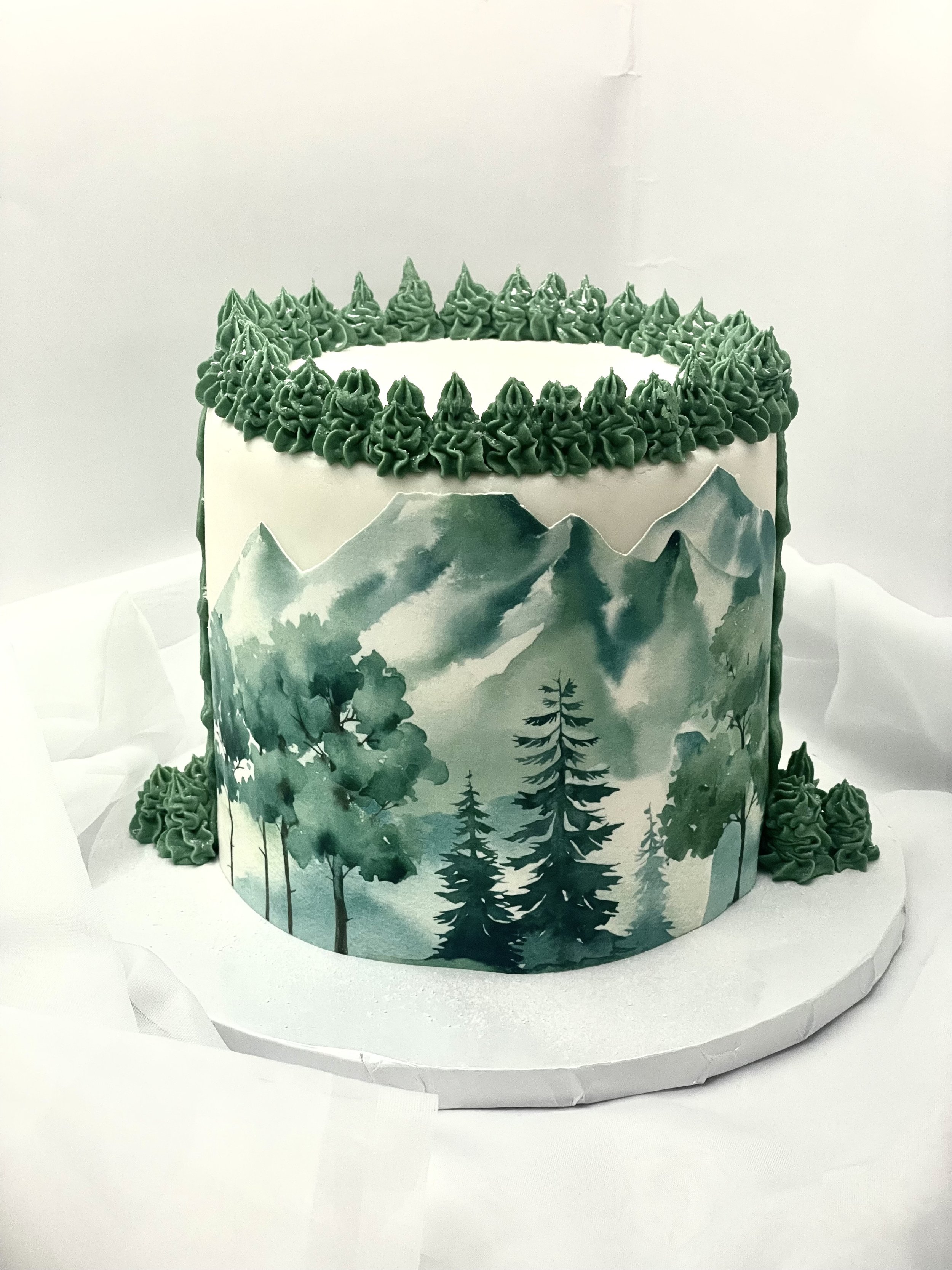 A cake decorated with a forest and mountain landscape, topped with green icing piping around the top edge.