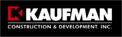 Kaufman Construction & Development Inc. logo with red and white text on a black background