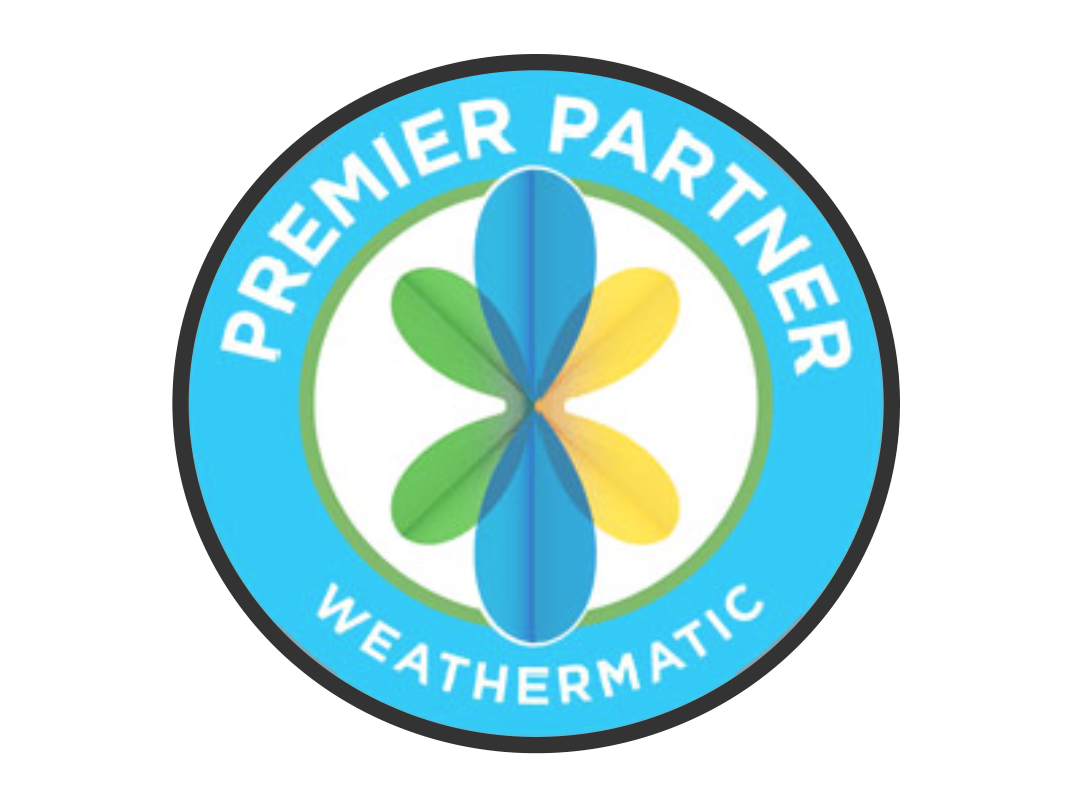Weathermatic Premier Partner logo with a circular design featuring colorful petal-like shapes in blue, green, and yellow, and the text 'Premier Partner' and 'Weathermatic'.
