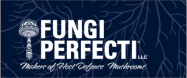 Fungi Perfecti logo with a stylized mushroom illustration and company name in white text on a dark background.