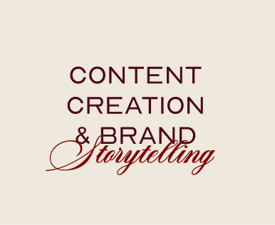 Text on a beige background reading 'Content Creation & Brand Storytelling' in maroon and cursive red font.