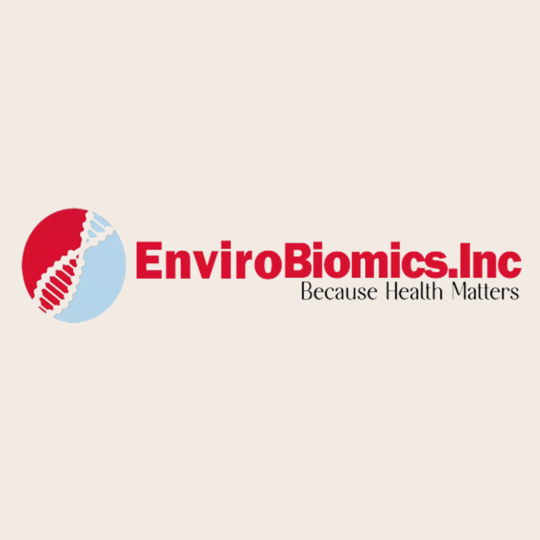 Logo of Envirobiomics Inc with a globe and DNA strand illustration and the tagline "Because Health Matters"