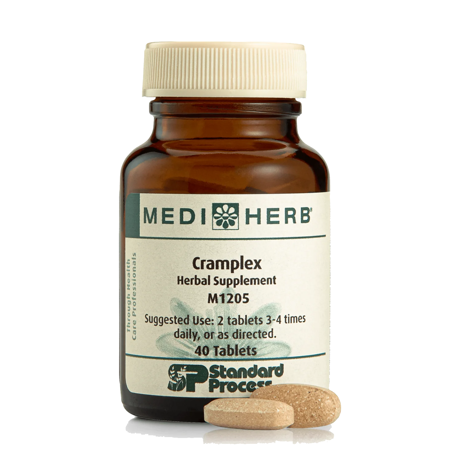 A brown bottle labeled 'MedHerb Crampex Herbal Supplement' with two tablets in front of it, indicating dietary medication.