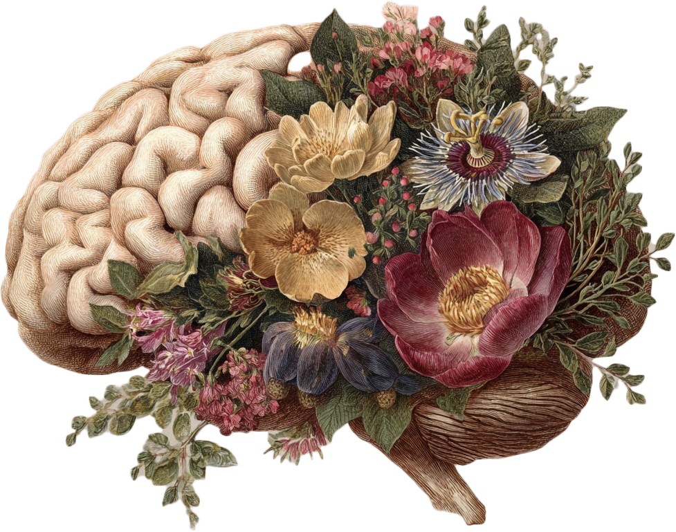 Illustration of a human brain with various colorful flowers and greenery growing from its right hemisphere.
