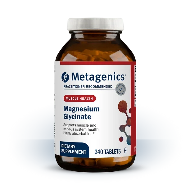 Bottle of Metagenics Magnesium Glycinate dietary supplement with 240 tablets.