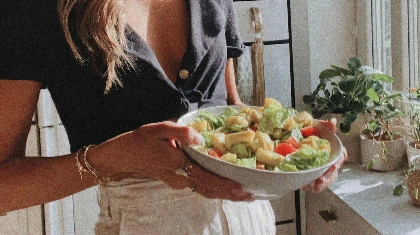 A woman in a black shirt holding a bowl of fresh salad with lettuce, tomatoes, and cucumbers in a kitchen with plants and a window.
