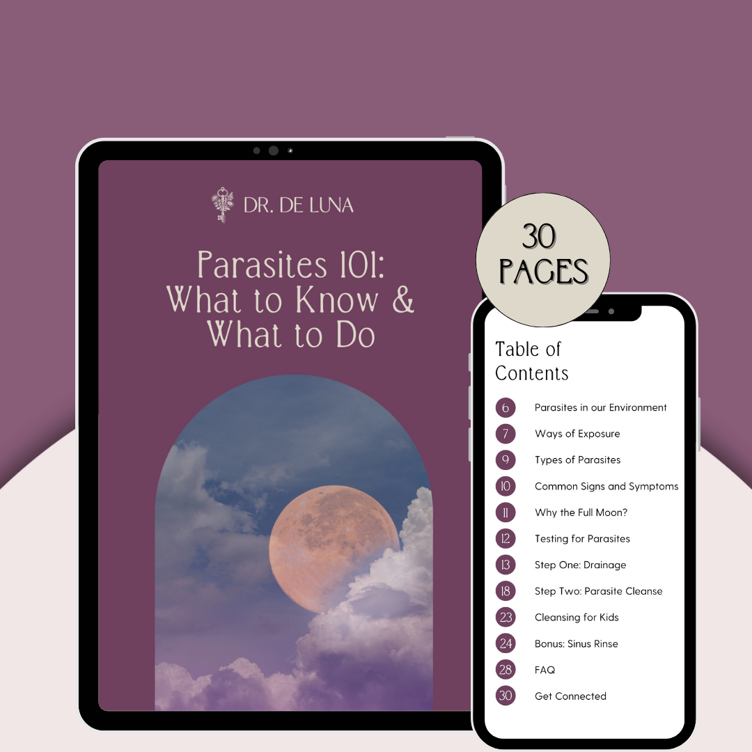 Cover image for 'Doctor De Luna's Parasite Cleansing Guide' featuring a moonlit sky with clouds and the moon, surrounded by various pages of a guide or ebook on parasite cleansing, including tables of contents, informational sections, and tips, with a note indicating 30 pages.