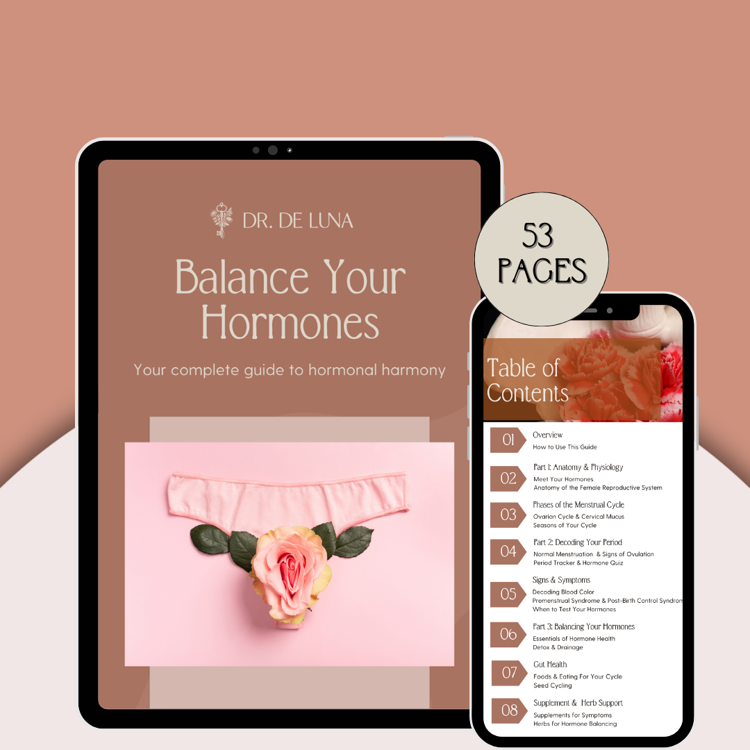 A digital cover of a hormone balancing guide on a tablet, surrounded by printed pages of similar guides with various images and text, promoting hormonal harmony.