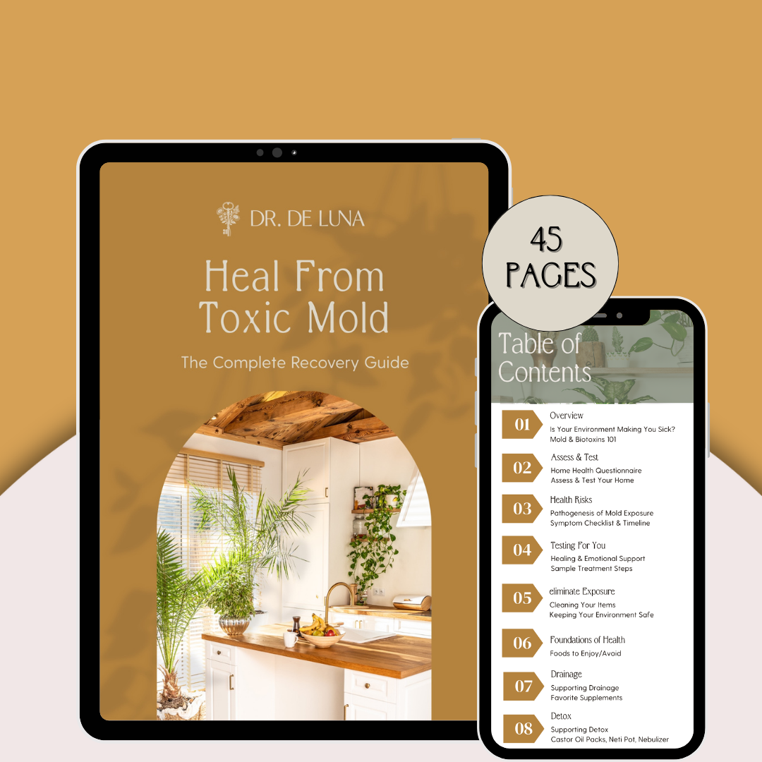 The image displays a digital book cover titled "Complete Mold Guide" by Doctor De Luna, which addresses finding and clearing toxic mold from home and body. The cover features an inside view of a kitchen with plants and natural light. Surrounding it are displayed pages from the guide, including sections on topics like environment making you sick, mold and biotoxins, symptoms of mold exposure, and mold testing. The guide contains 45 pages, and the promotional text emphasizes comprehensive information on mold elimination.