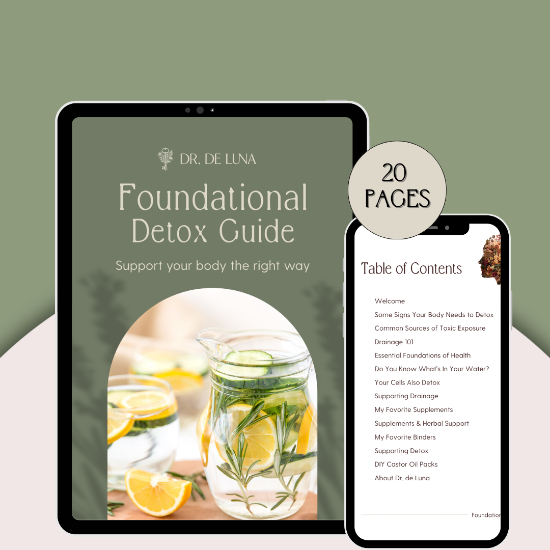 Cover of the 'Foundational Detox Guide' by Dr. De Luna, featuring an image of a glass pitcher of lemon water infused with herbs, surrounded by lemon slices. The guide is promoted as a 20-page resource for learning about drainage and supporting the body's detox pathways.
