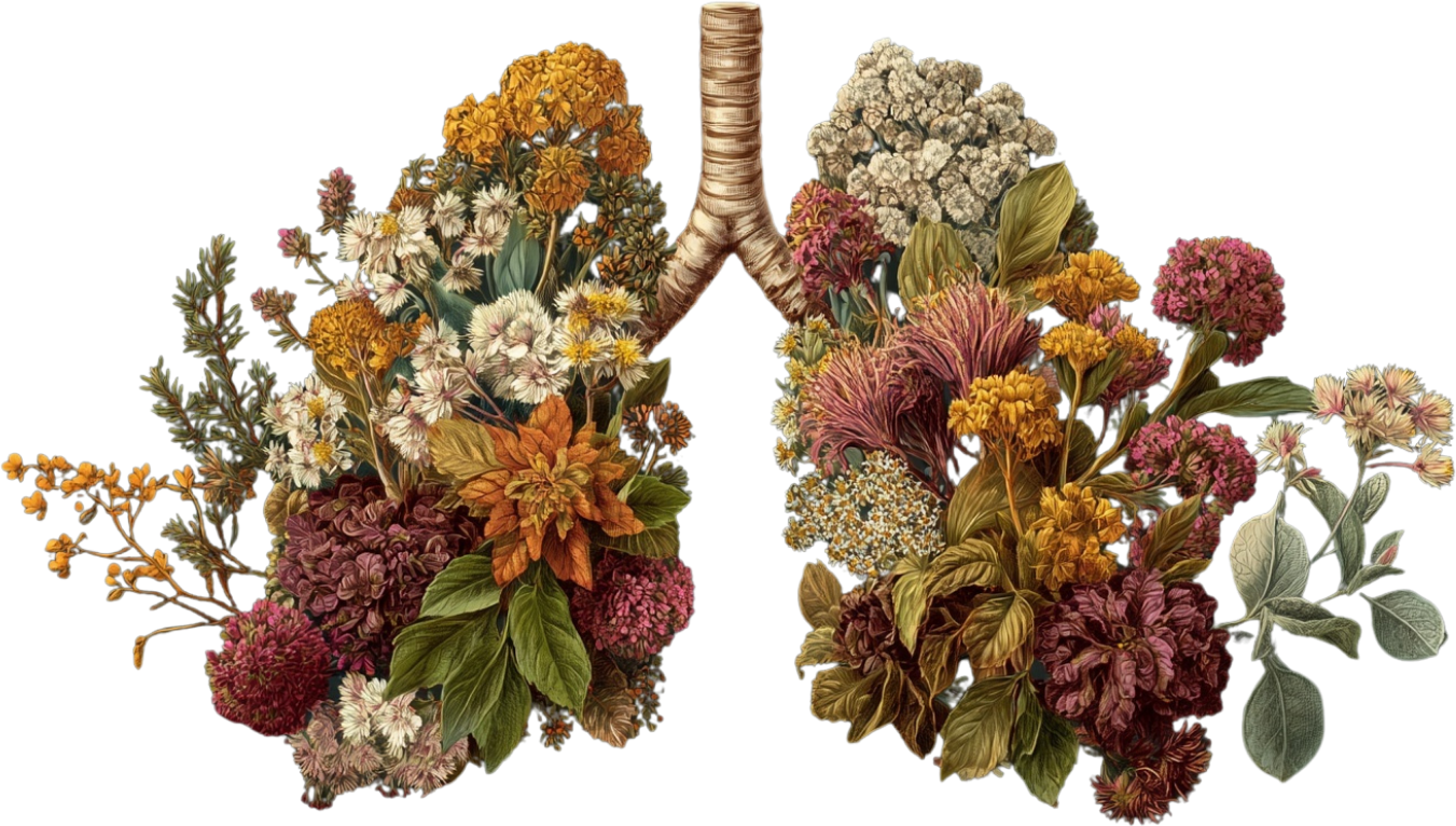 Artistic illustration of human lungs filled with colorful flowers and foliage, representing the connection between breathing and nature.