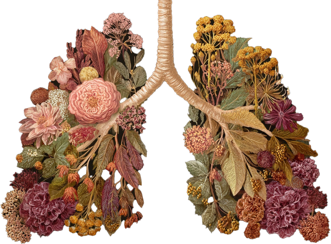 Illustration of human lungs made of various colorful flowers and leaves.