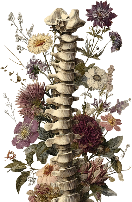 A human spine surrounded by and intertwined with various colorful flowers and green leaves.