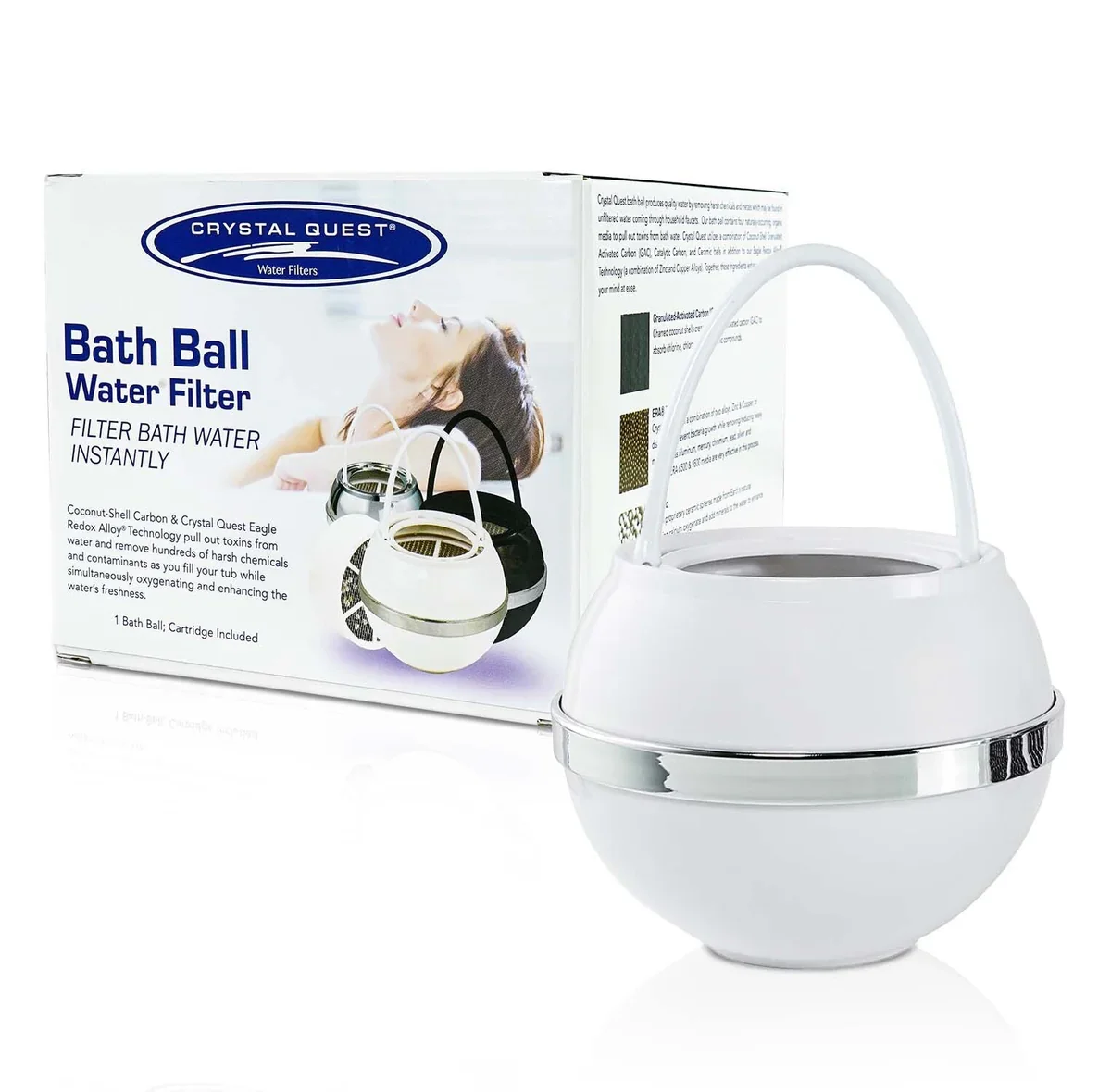 A bath bomb water filter product with packaging and a white spherical filter with a handle.