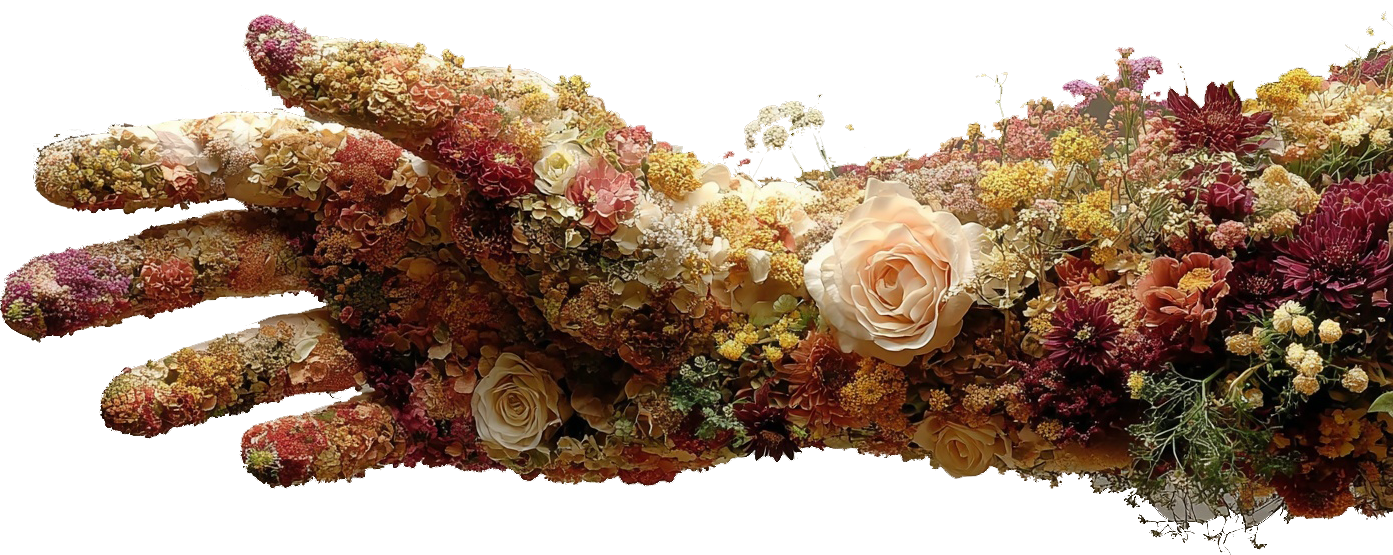 A hand covered in various colorful dried and fresh flowers, including roses, hydrangeas, and other blossoms.