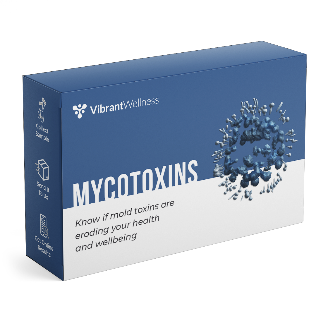 Blue box labeled Vibrant Wellness MYCOTOXINS with a 3D illustration of mold bacteria, and icons for collecting samples, sending it to the lab, and getting online results.