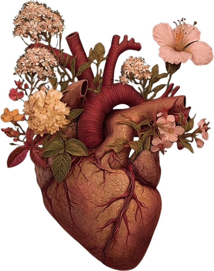 A realistic illustration of a human heart intertwined with pink and peach-colored flowers and green leaves.