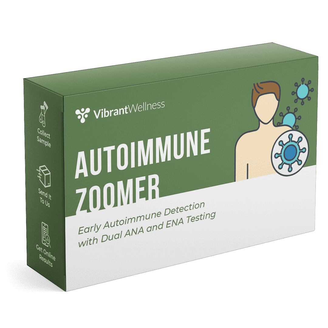 Green box labeled 'Autoimmune Zoomer' by Vibrant Wellness with illustrations of a person and virus particles, indicating an autoimmune disease testing kit.